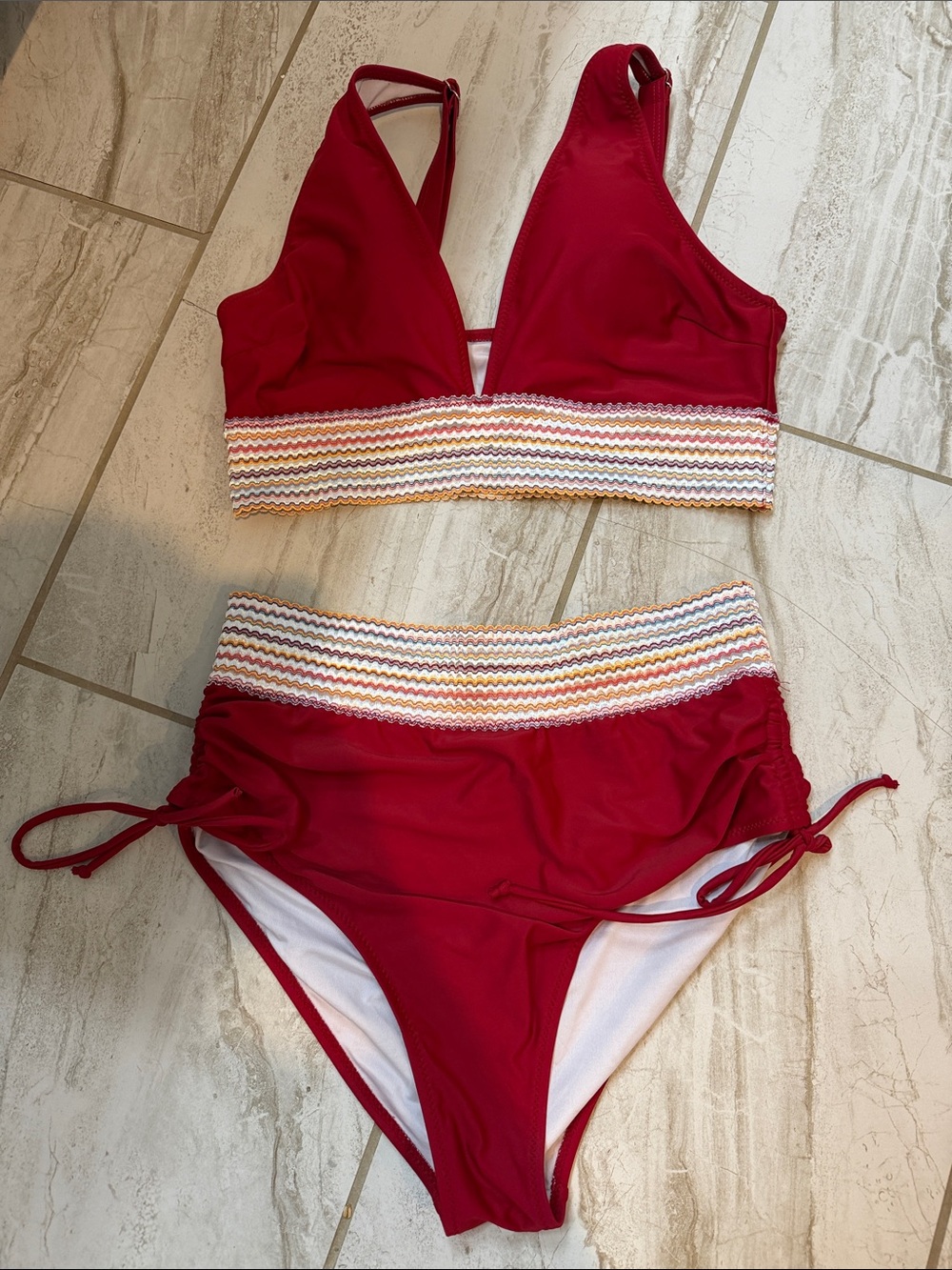 Red Women's Two-Piece Bikini Set with Textured Waistband NWOT never worn